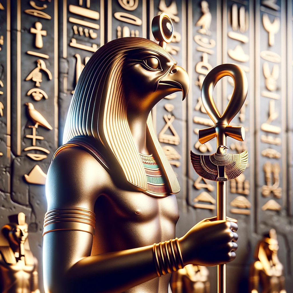 a depiction of an Egyptian deity heru in gold with hieroglyphics behind him holding an ankh staff