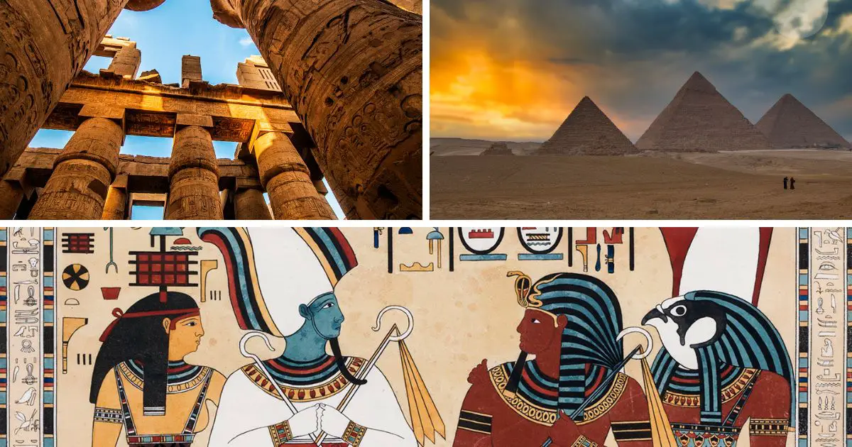 A montage of iconic ancient Egyptian symbols like the pyramids, Sphinx, and various gods and goddesses.