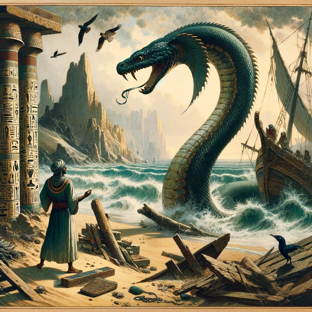 The Shipwrecked Sailor depicting the encounter between the sailor and the giant serpent on a desolate island, set in the Middle Kingdom period of ancient Egypt. The image captures the adventure and moral elements.